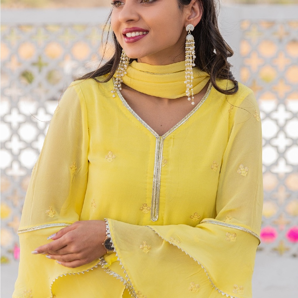 Yellow Embroidered Kurta with Dupatta